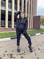 Тепленный спортивний костюм повсякденний чорний оверсайз з худі на блискавці і джоггерами (р. 42-48) 73051307, фото 1