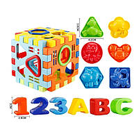 Куб логічний сортер, 6 граней, англійські літери, цифри, геометричні фігури, у сітці