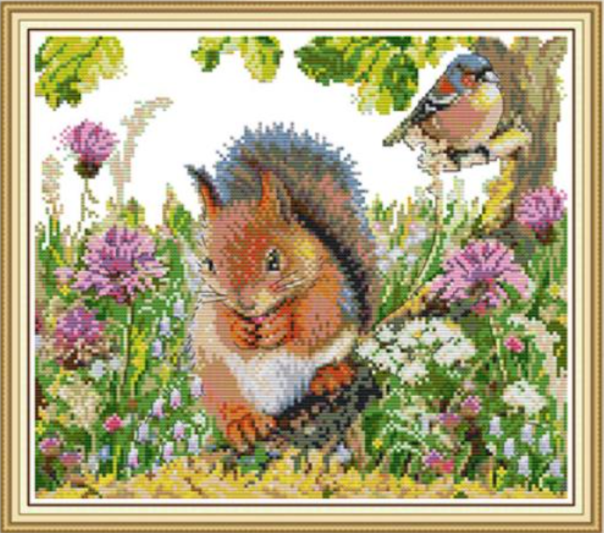 Набір для вишивання за нанесеною на канву схемою "Squirrel and bird". AIDA 14CT printed 35*31 см