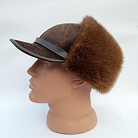 Мужская шапка ушанка из натурального меха выдры коричневого цвета 55-56
