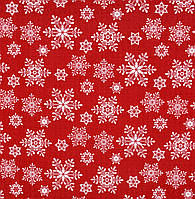 ДЕКОРАТИВНАЯ НОВОГОДНЯЯ ТКАНЬ для скатертей ранеров салфеток и декора белые снежинки на красном фоне