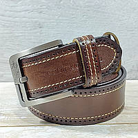 Джинсовый коричневый кожаный ремень Кельвин 4см с прошивкой и перфорацией