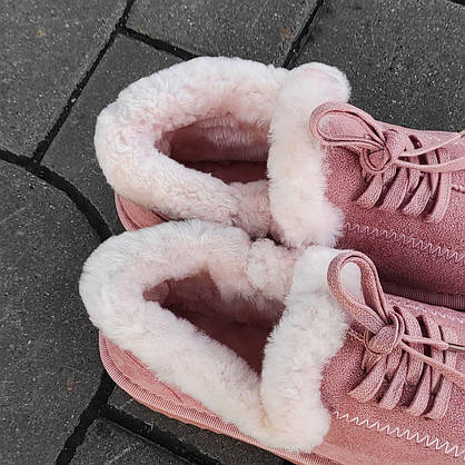 UGG Уги короткі РОЖЕВІ на шнурках з хутряною опухкою еко замшеві черевики зимове 2021, фото 6