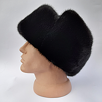 Мужская норковая шапка ушанка на коже черного цвета 59-60