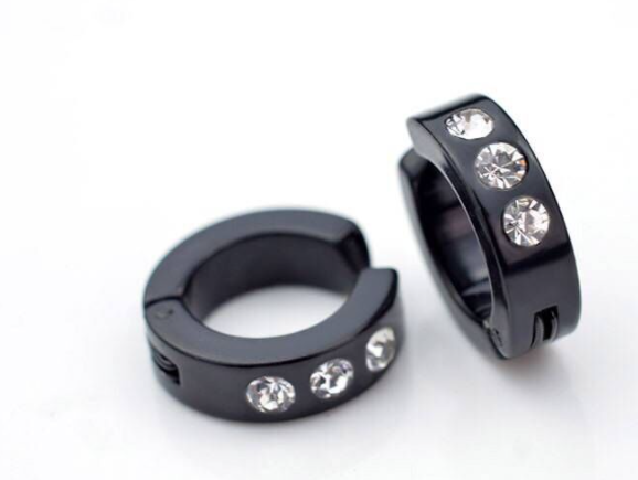 Чорні сережки затискачі обманки сережки-кліпси з титанової сталі з кристалами, фото 1