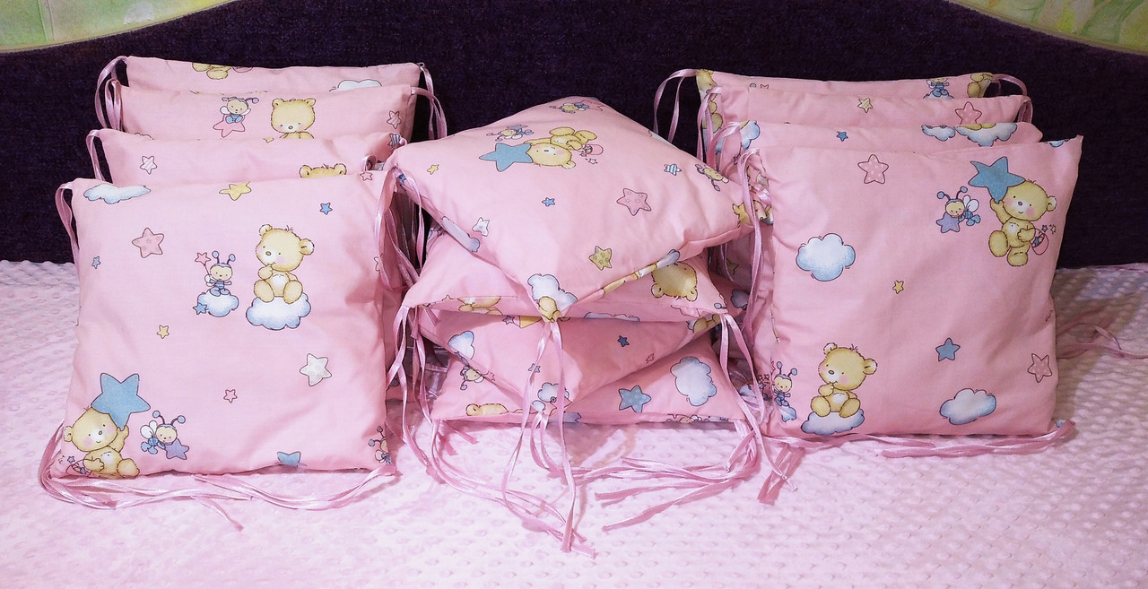 Бортики захист в ліжечко для немовлят новонароджених ведмедики на рожевому