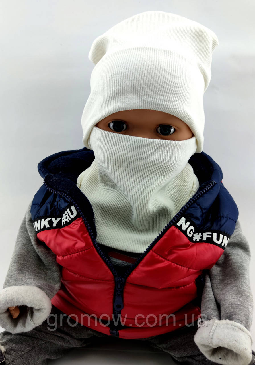 Шапка дитяча трикотажна подвійна демісезонна з хомутом дитячі головні убори біла (ШД54), фото 1