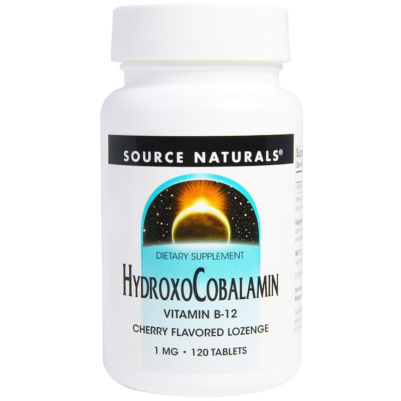 Вітамін B12, 1 мг, Гидроксокобаламин, смак вишні, Hydroxocobalamin, Source Naturals, 120 таблеток