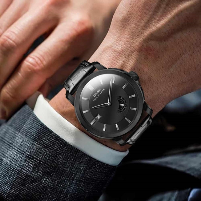 Мужские наручные часы круглые механические кожаный ремешок гарантия 12 месяцев Lobinni Black