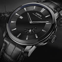 Мужские наручные часы круглые механические кожаный ремешок гарантия 12 месяцев Lobinni Black, фото 2