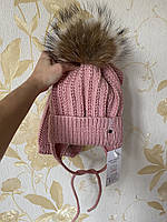 Зимний тёплый детский вязаный набор шапка утеплённая на завязках и шарф для девочки ручной работы.