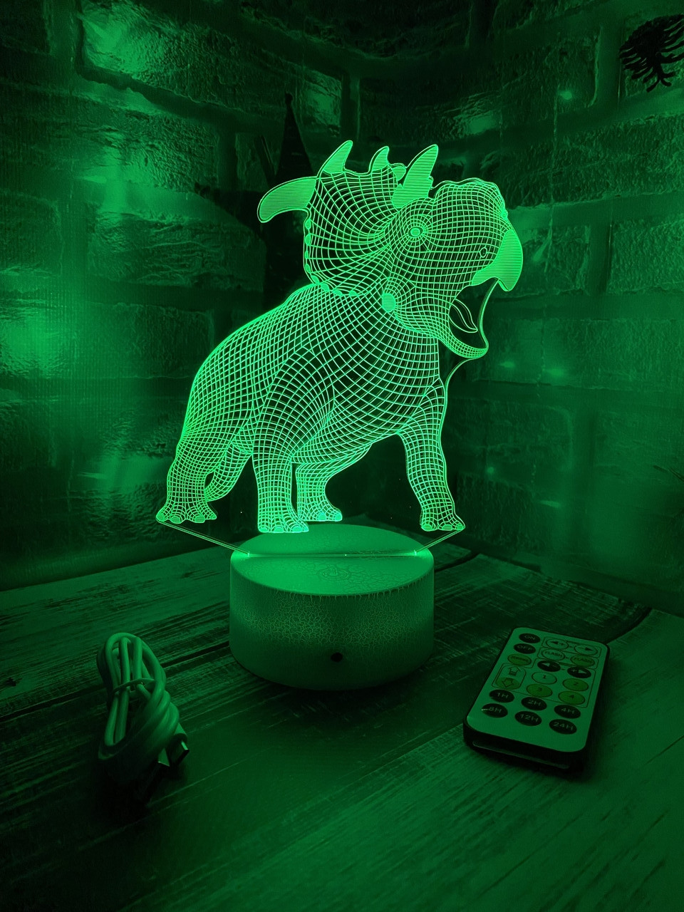 3d-лампа з Динозавром Трицераптос, 3D світильник або нічник, 7 кольорів і 4 режиму, таймер, пульт та батарейки