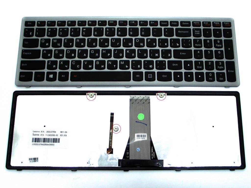 Клавіатура для LENOVO IdeaPad G500s, G505s, S500, S510p, Z510, Flex 15, 15D (RU Black frame Silver, Підсвічування)