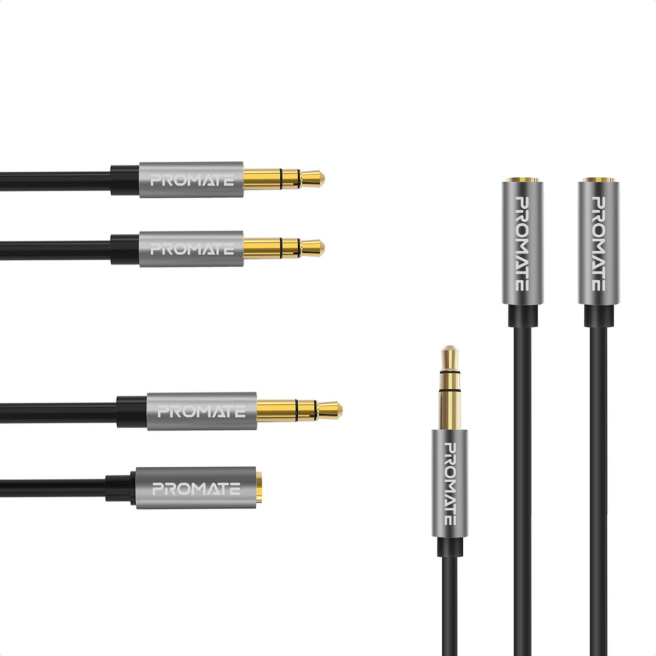 Комплект кабелів 3-в-1 Promate AuxKit 3.5мм AUX кабель, 3.5мм M-F подовжувач, 3.5мм спліттер Y-типу Black (auxkit.black)