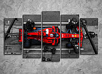 Большая картина из частей на холсте Красный гоночный автомобиль пит стоп Формула 1 болид 125х70 из 5 частей