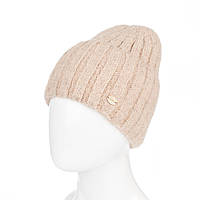 Шапка біні жіноча ангорова в'язана із широким закотом і флісовою підкладкою UNK бежева