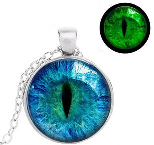 Кулон очей дракона світиться в темряві, підвіска з лінзою, люмінофором Бірюзовий, сріблястий