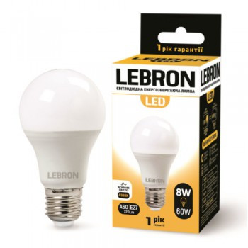 LED 8W, Е27 світлодіодна ЛАМПА LEBRON L-A60, 4100K, 700LM, КУТ 240°, фото 1