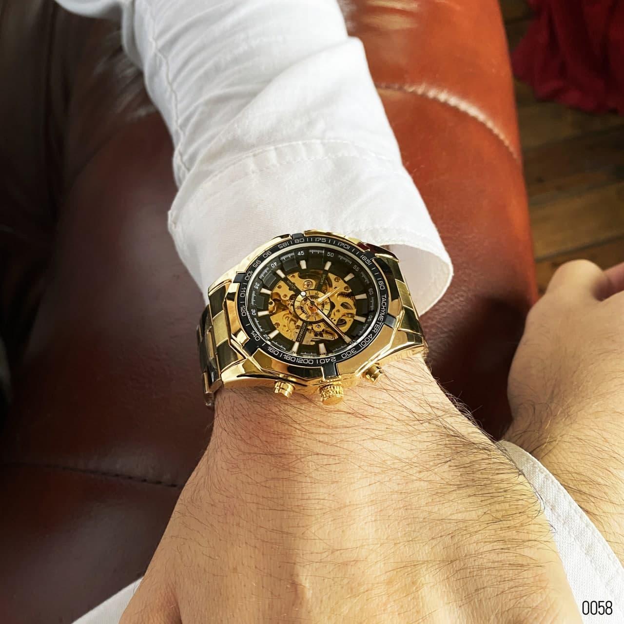 Мужские наручные часы Forsining 8042 Gold-Black Механические часы с автоподзаводом