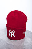 Шапка жіноча зимова тепла біні стильна з підворотом однотонна красива NY червоного кольору, фото 2