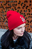 Шапка жіноча зимова червона тепла біні стильна з підворотом однотонна красива LA, фото 2