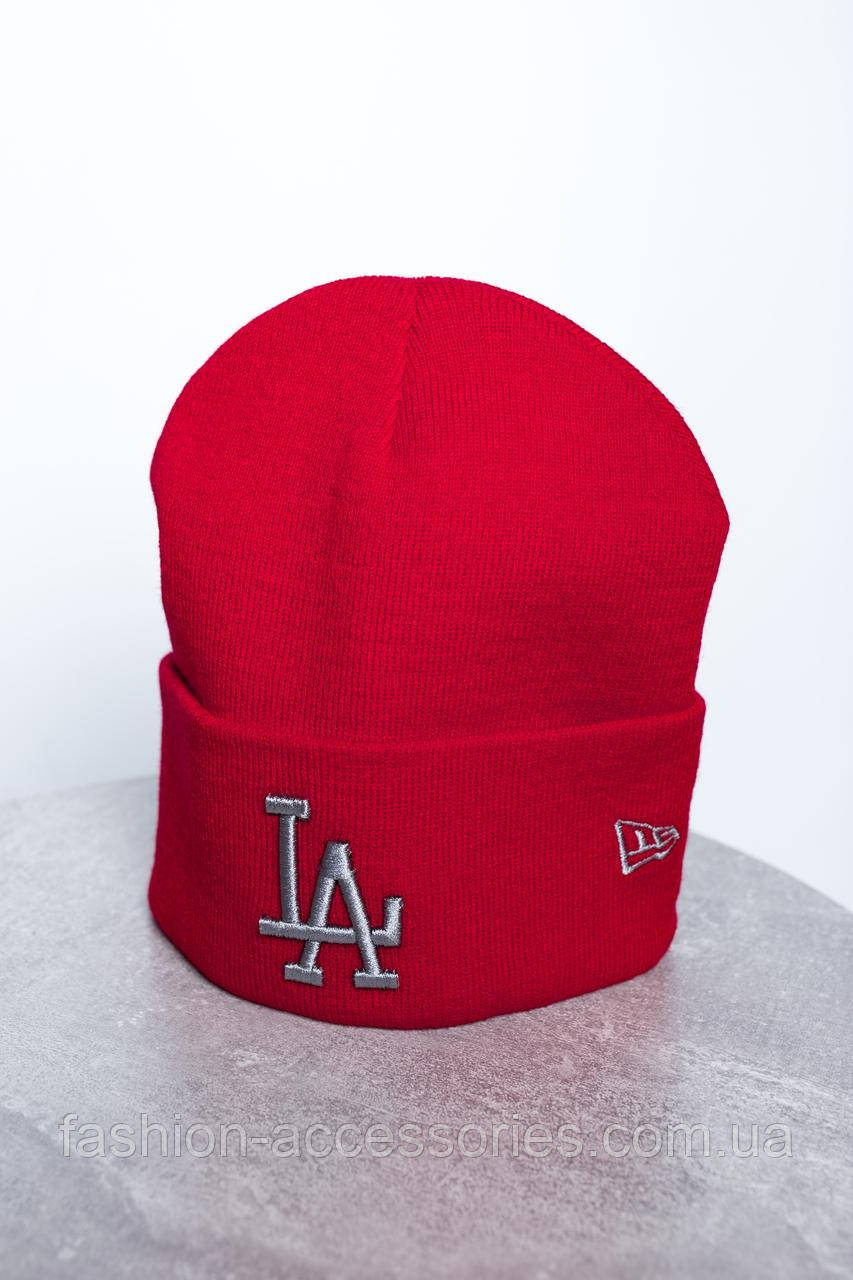 Шапка жіноча зимова червона тепла біні стильна з підворотом однотонна красива LA, фото 1