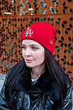 Шапка жіноча зимова червона тепла біні стильна з підворотом однотонна красива LA, фото 4