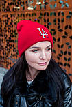 Шапка жіноча зимова червона тепла біні стильна з підворотом однотонна красива LA, фото 3