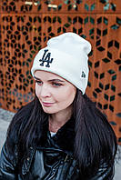Женская зимняя шапка бини теплая стильная с подворотом однотонная красивая LA молочного цвета