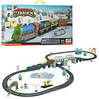 Дитяча залізниця 21812, водорічний дизайн, коломотив, вагон 3 шт., світло, вокзал, сніговик, дорожні знаки,