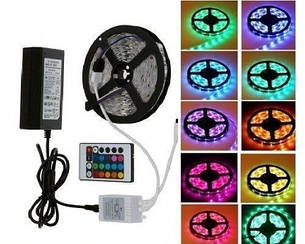 Світлодіодна стрічка LED 5050 RGB на 5м з пультом і блоком живлення, різнобарвна, фото 2