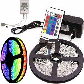 Світлодіодна стрічка LED 5050 RGB на 5м з пультом і блоком живлення, різнобарвна, фото 1