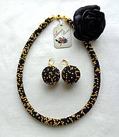 Черный набор украшений ручной работы жгут, серьги и браслет "Золотое зернышко"