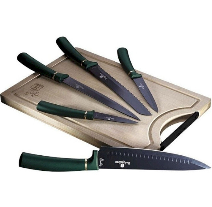Набір якісних надійних ножів чорного кольору 6 предметів ВН 2551 Emerald Collection з бамбуковою дошкою, фото 1