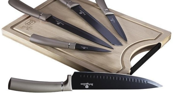 Набір якісних надійних ножів  Carbon Metallic Line 6 пр. Berlinger Haus (2555) з дошкою із бамбуку, фото 1