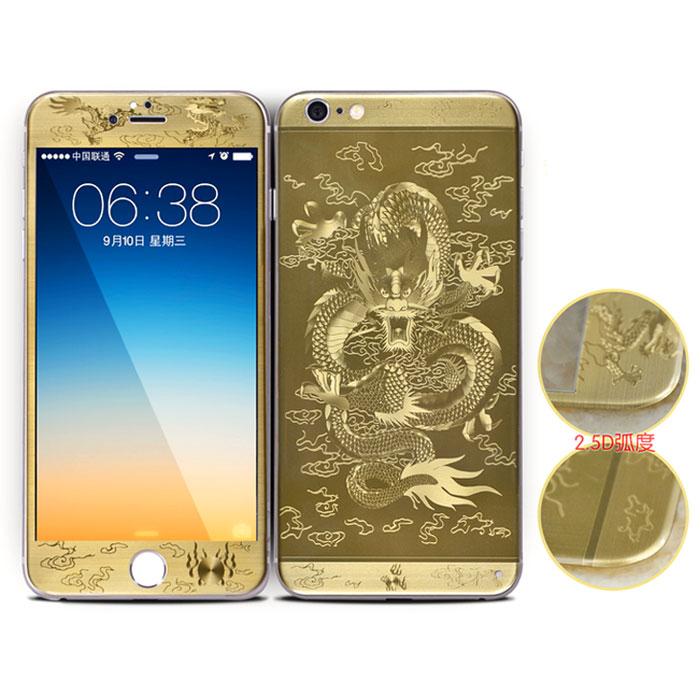 Защитное стекло 2в1 (экран + задняя панель) с рисунком для iPhone 6/6S Дракон, золотой - фото 1 - id-p530624192
