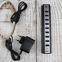 Разветвитель с 10-портами USB hub с внешним питанием ЮСБ хаб для Флешек Сканера Принтера (Настоящие фото)