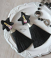 Довгі чорні сережки пензля ручної роботи "Чорні орхідеї". Подарунок дівчині