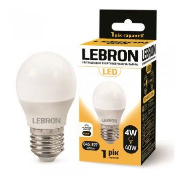 LED 4W, Е27 світлодіодна ЛАМПА LEBRON L-G45, 4100K, 320LM, КУТ 240°