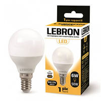 LED 6W, Е14 світлодіодна ЛАМПА LEBRON L-G45, 4100K, 480LM, КУТ 220°