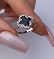 Кольцо серебряное женское с эмалью Клевер