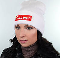 Молодежная осенняя шапка Supreme Суприм с отворотом осень зима мужская женская Белый