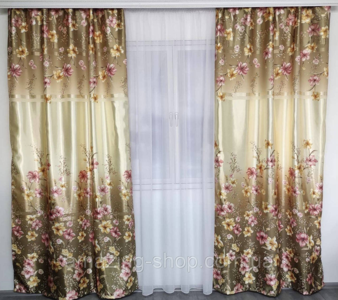 Комплект готових атласних штор 150х270 см (2шт) на тасьмі в квіти Колір - Оливковий, фото 1