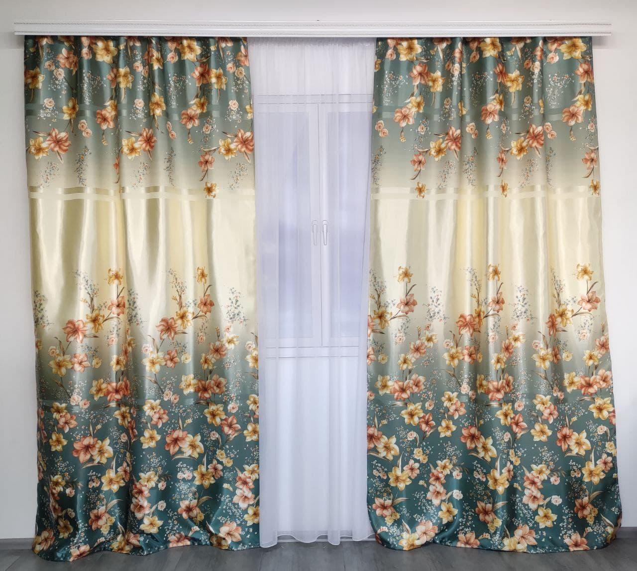 Штори бірюзові атласні ALBO з ліліями 150×270 см, комплект 2 шт. (SH-M650-4), фото 1