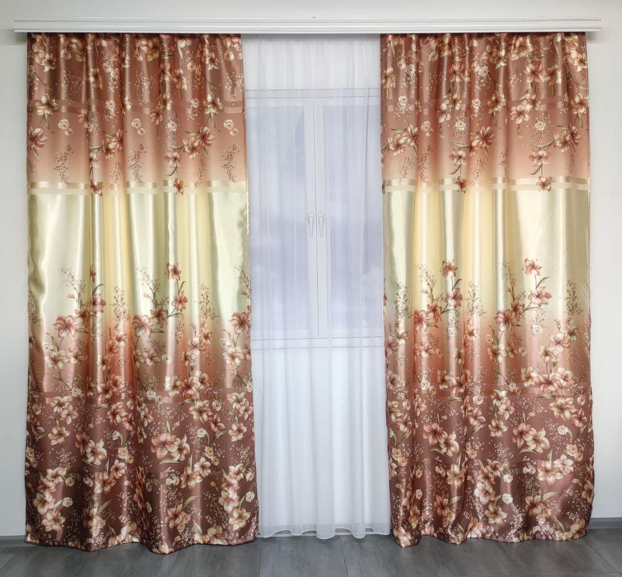 Штори коричневі атласні ALBO з ліліями 150×270 см, комплект 2 шт. (SH-M650-3), фото 1