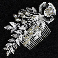 Гребінець у волосся сріблястий металевий великий з перлами трояндочка з пелюстками розмір 13х9 см