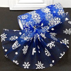 Фатин в рулончиках 15 см, з візерунком сніжинки флок, синій