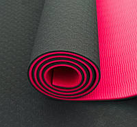 Коврик для йоги и фитнеса (йога мат ТПЕ) TPE+TC 183х61см 6мм толщиной двухслойный черный/красный