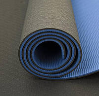 Коврик для йоги и фитнеса (йога мат ТПЕ) TPE+TC 183х61см 6мм толщиной двухслойный черный/синий