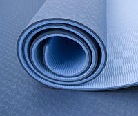 Коврик для йоги и фитнеса (йога мат ТПЕ) TPE+TC 183х61см 6мм толщиной двухслойный синий/темно-синий